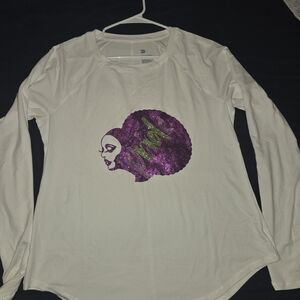 Women's White Long Sleeve Top with Purple Graphic
